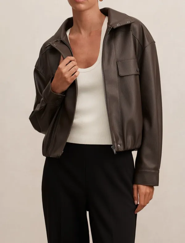 Dark Brown Oversized Faux Leather Bomber Jacket