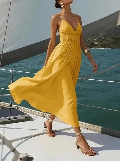 Women's Deep V-Neck Sleeveless Spaghetti Strap Ruched Flowy Maxi Sundress