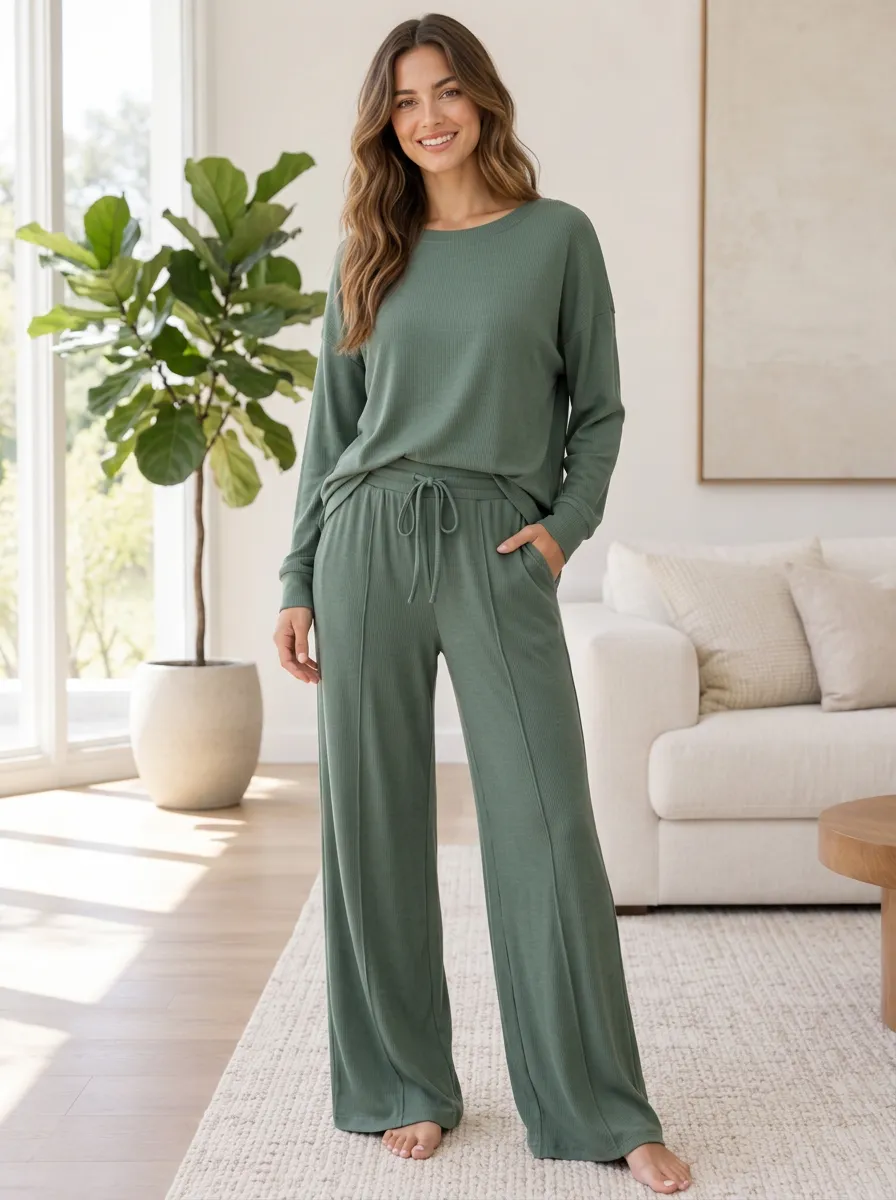 Women's Simple Homewear Ribbed Knit Wide Leg Lounge Set