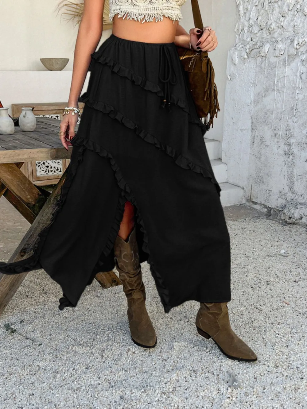 Ruffle Trim Drawstring Skirt
