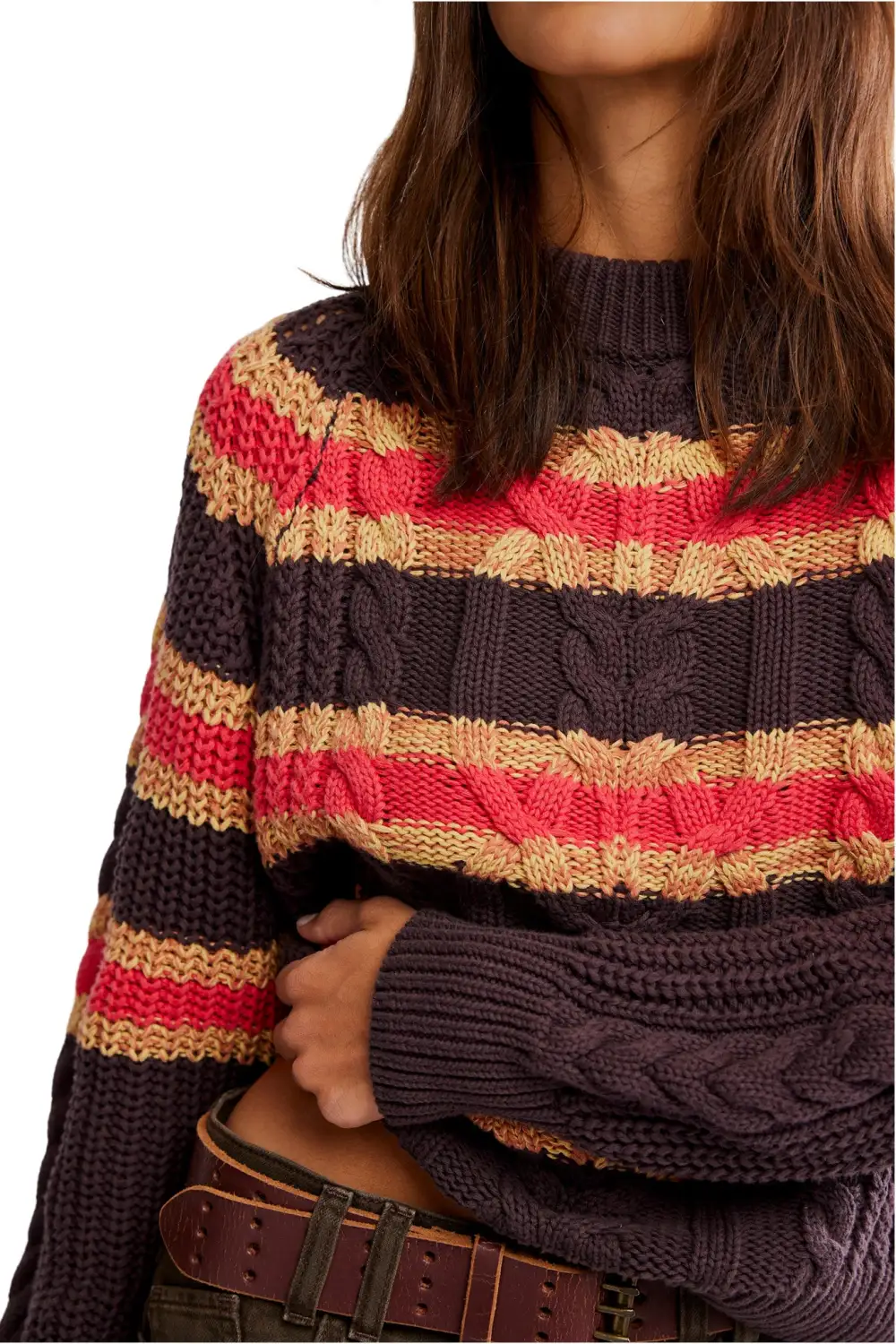 Striped Cable Knit Cropped Boxy Pullover Sweater
