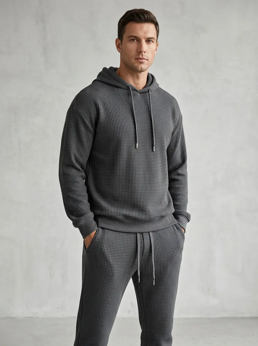 Waffle-Knit Hooded Jogger Textured-Knit Men's Knit Hoodie Jogger Set