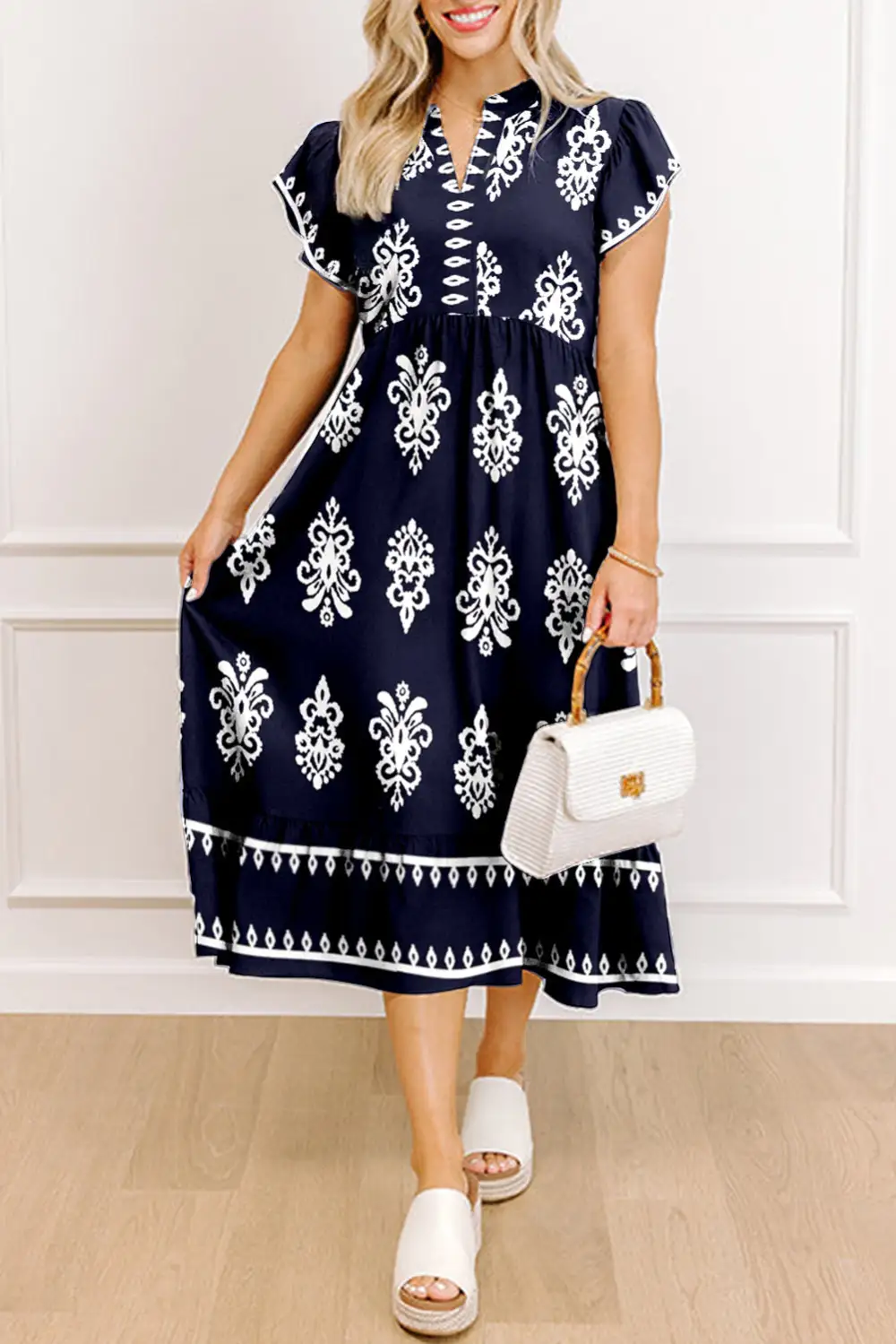 Printed Split Neck Short Sleeve Midi Dress