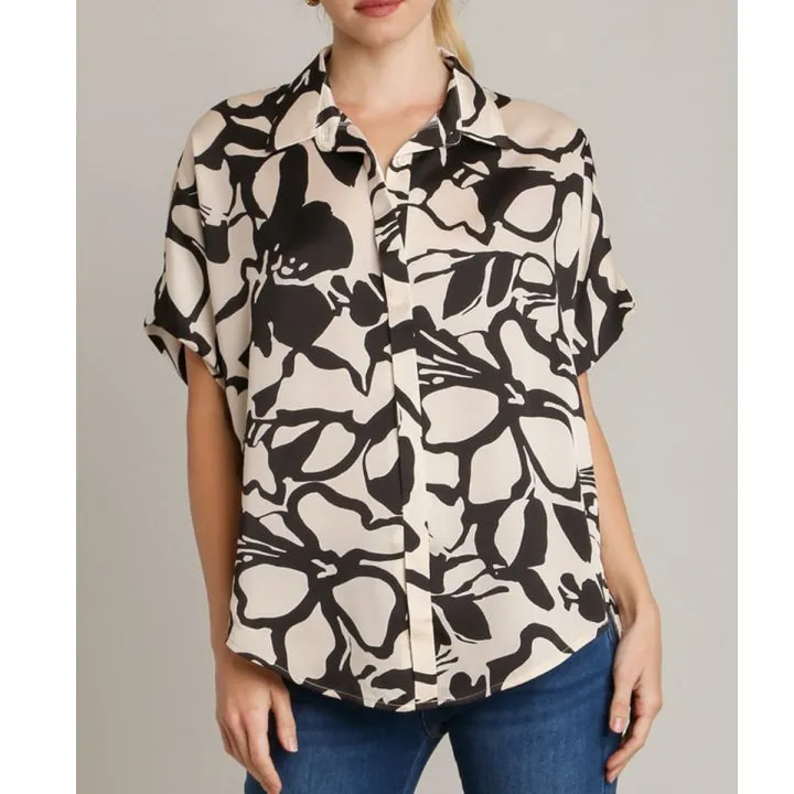 Full Size Two Tone Print Button Down Top with Hidden Plackets Plus Size