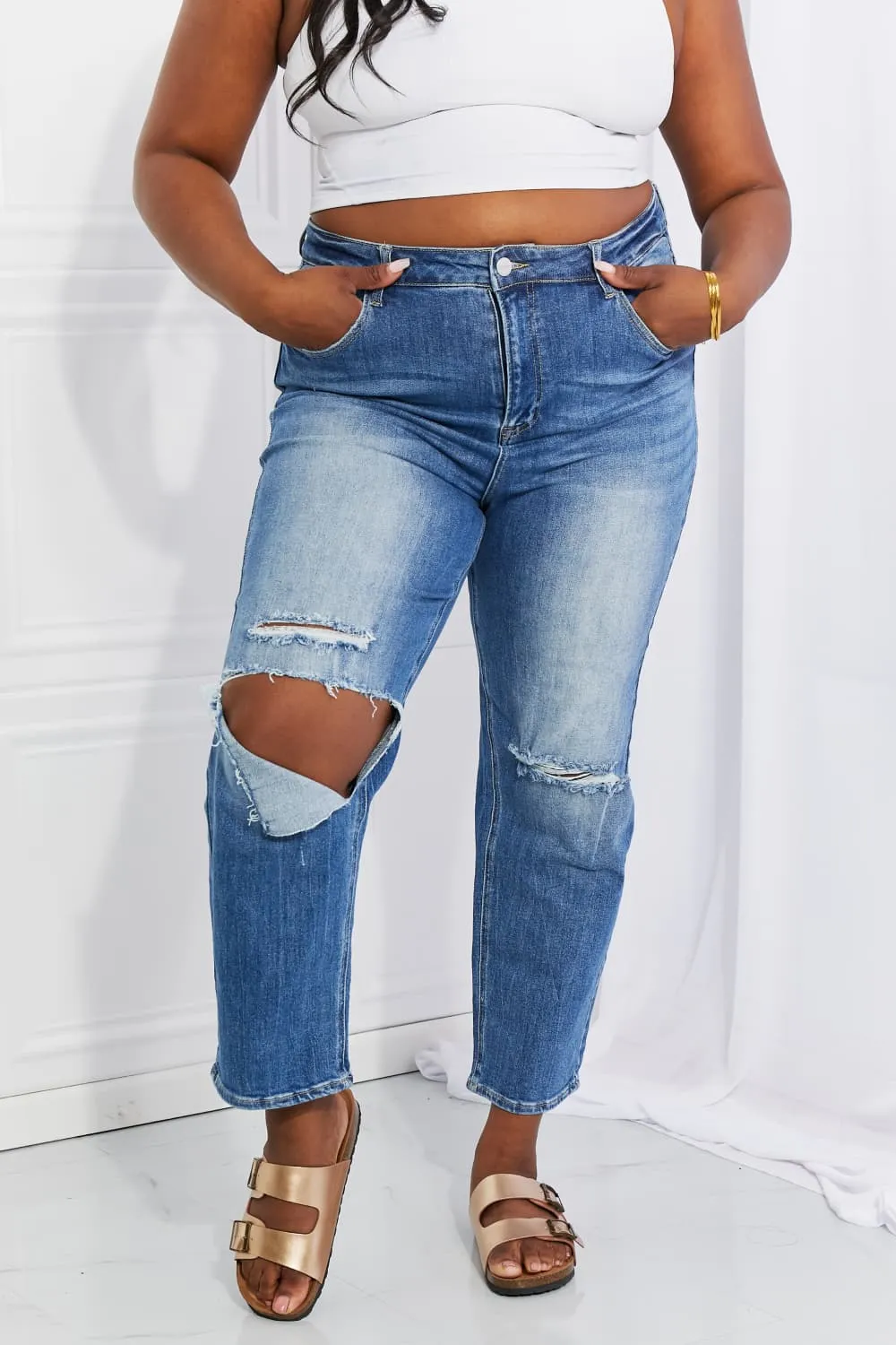 Pleated Straight Leg Denim Jeans