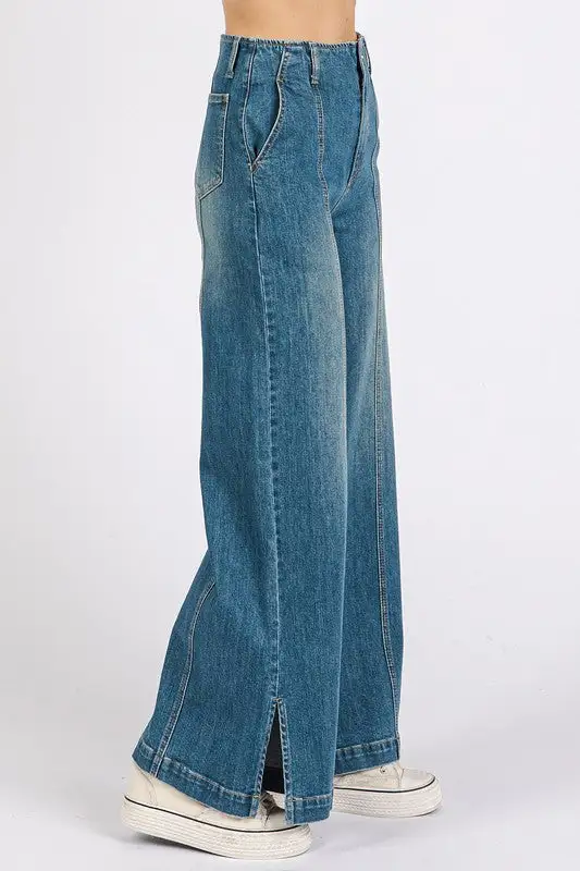 Wash Seam Detail Wide Leg Denim Jeans