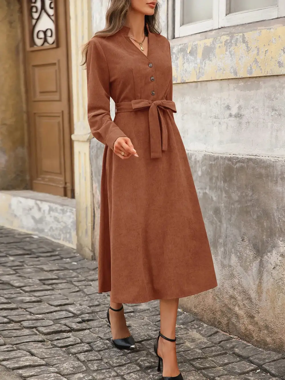 Button Front Tie Waist Long Sleeve Midi Dress