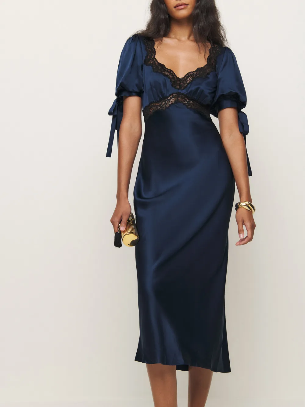 Lace Trimmed Tie Sleeve Silk Midi Dress