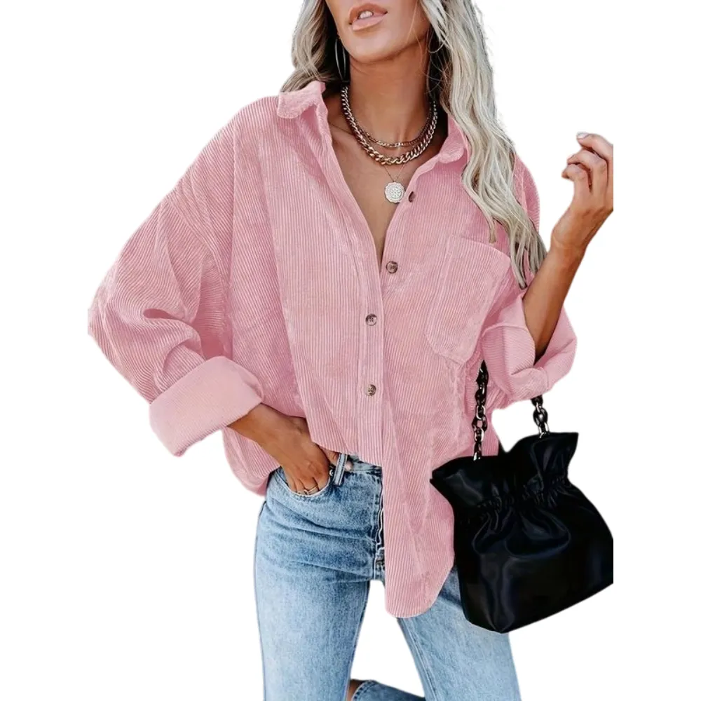Women's Plain Pocket Button Front Corduroy Shirt