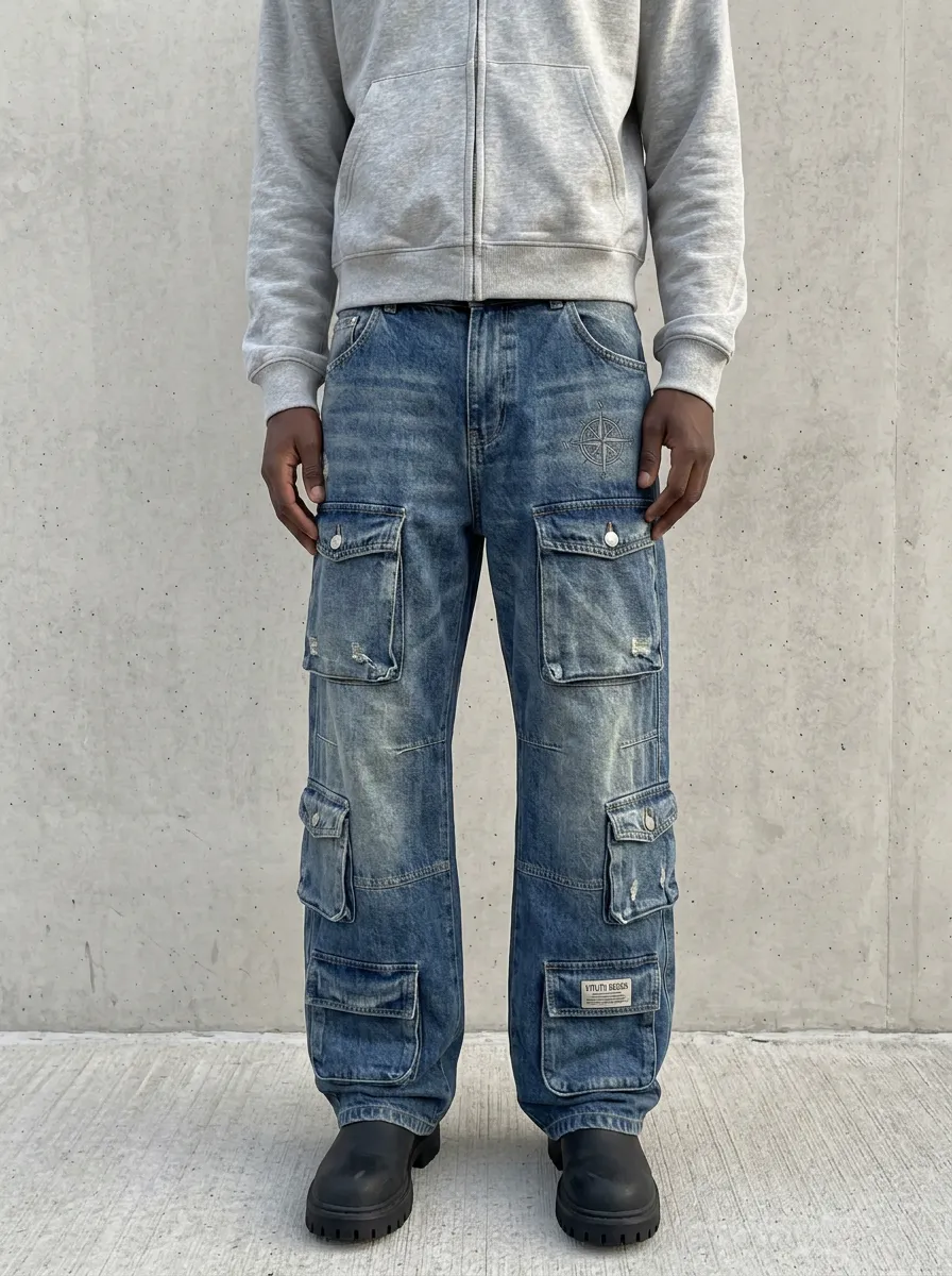 Men's Blue Washed Compass Detail Multi-Pocket Straight-Leg Denim Cargo Pants