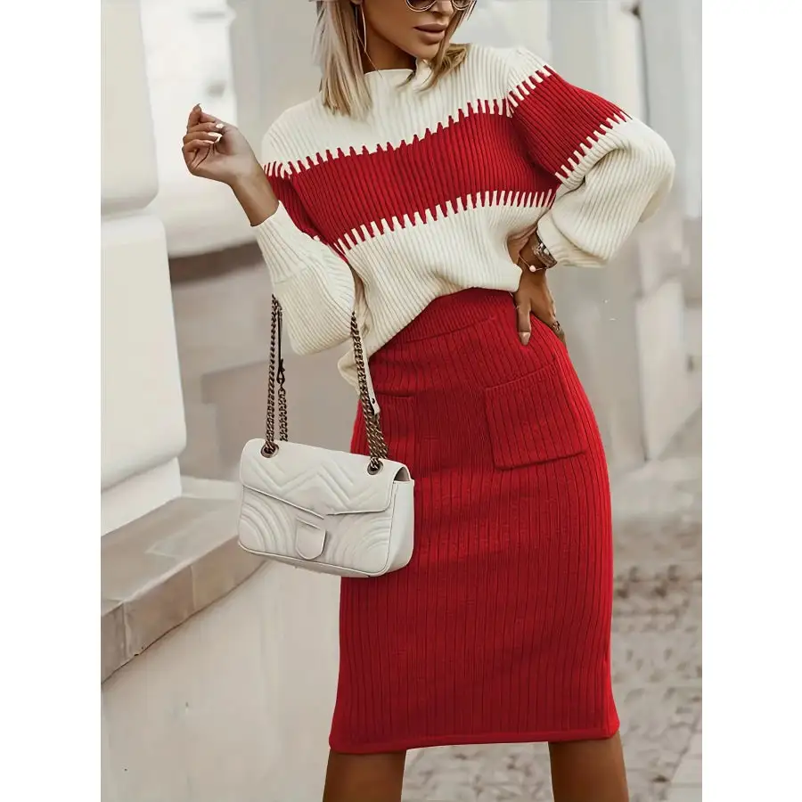 Two Tone Ribbed Knit Top and Skirt Sweater Set
