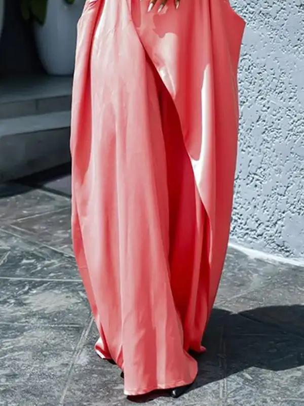 Loose Short Sleeves Asymmetric Pleated Split-Joint V-Neck Maxi Dress Shirt Dress