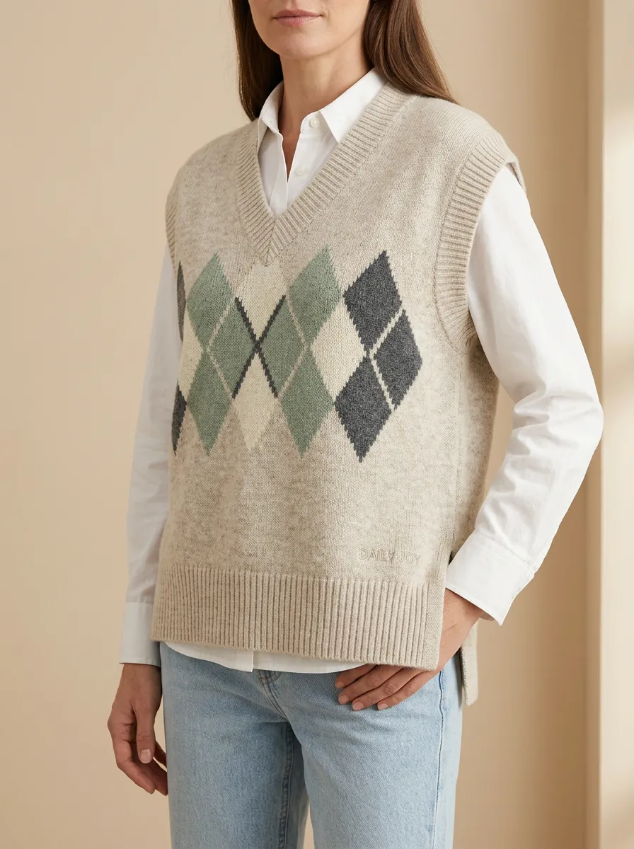 Relaxed Preppy Argyle Sweater Vest