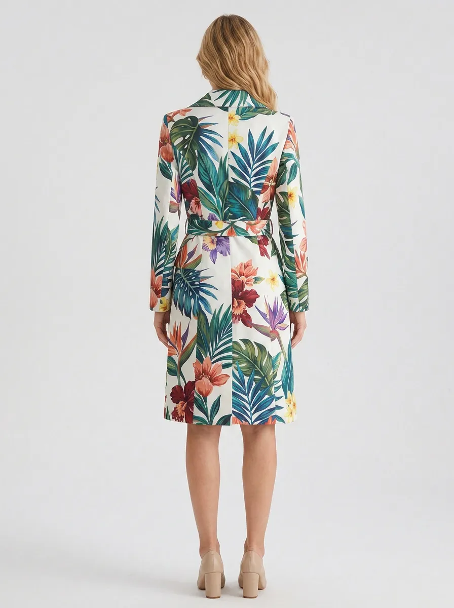 Women's Tropical Floral Leaf Pattern Printed Belted Blazer