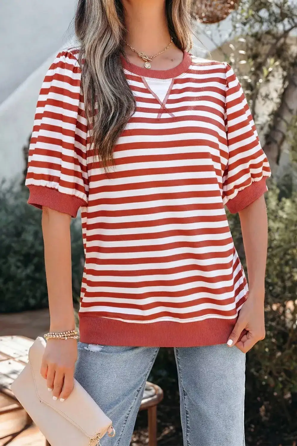Striped Puff Sleeve Casual T Shirt