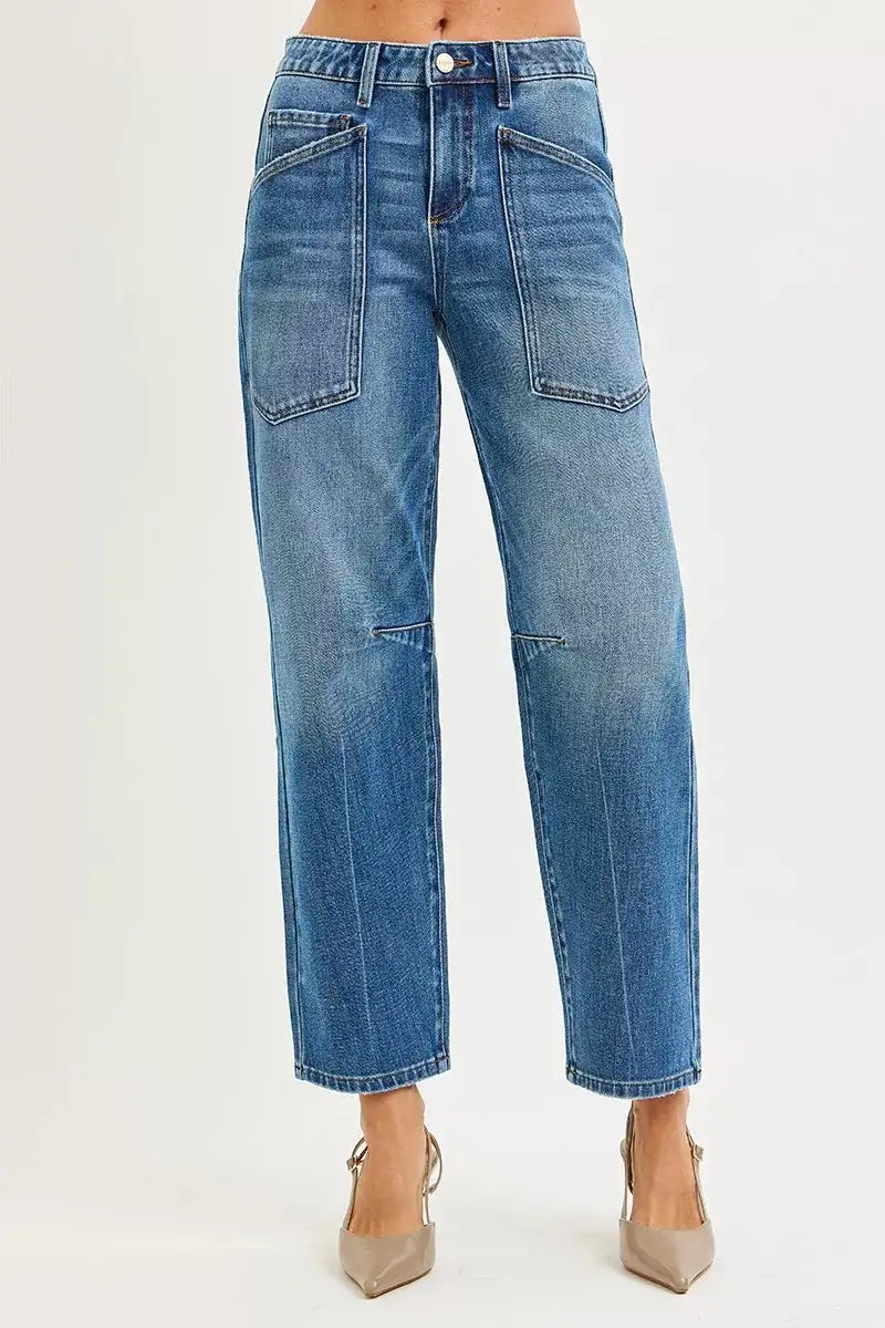 Mid Rise Barrel Leg Pocketed Denim Jeans