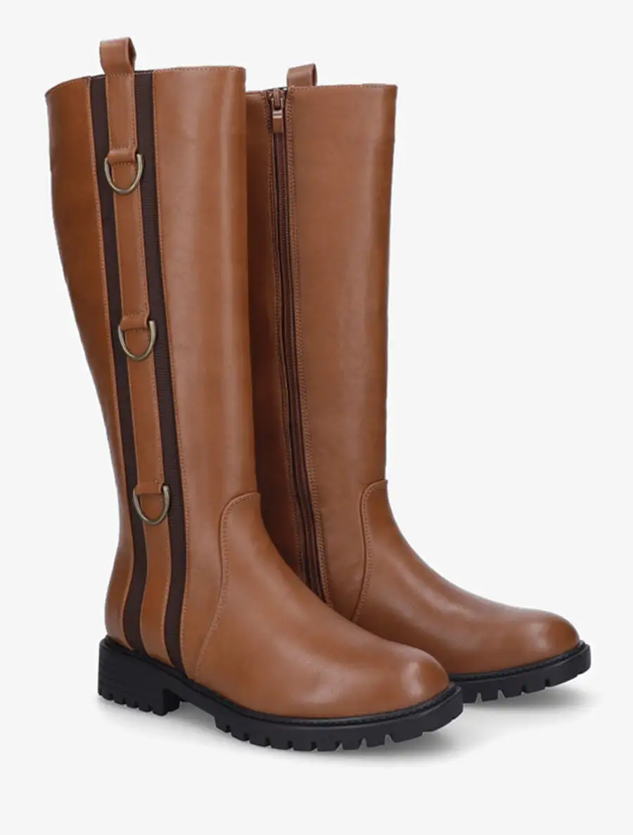 Statement Block Heel Faux Leather Flat Sole Knee High Boots