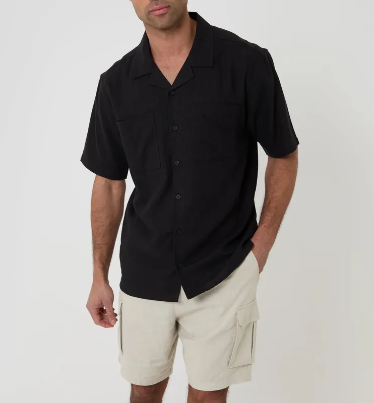 Black Relaxed-Fit Linen-Blend Short-Sleeve Shirt