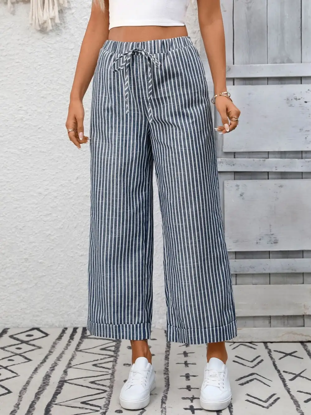 Wide Leg Striped Drawstring Pocketed Pants