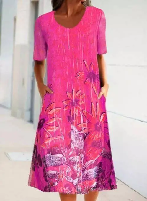 Printed Casual Round Neck Vintage Floral Half Sleeve Dress