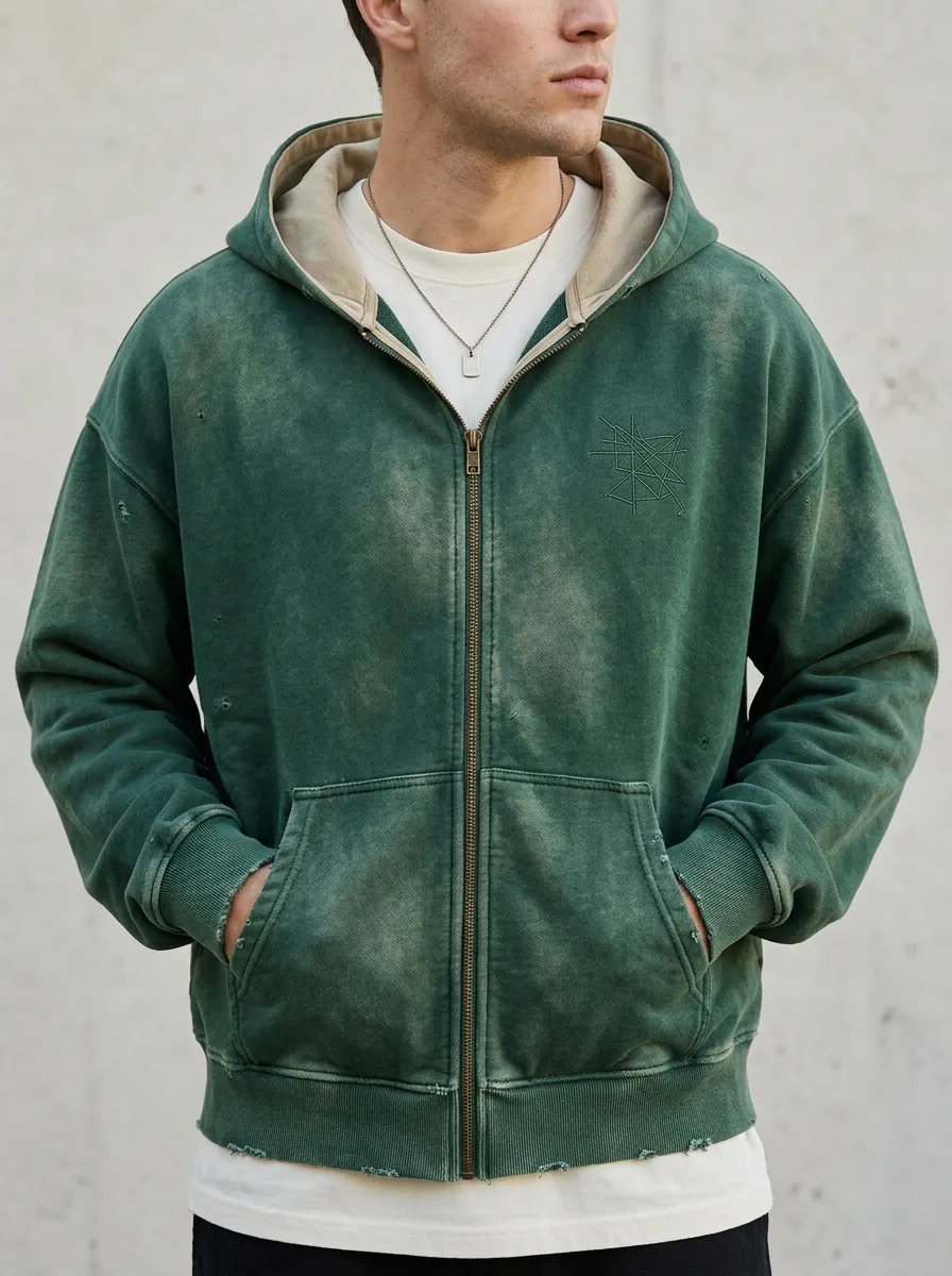 Men's Vintage Distressed Green Geometric Embroidered Zip-up Hoodie