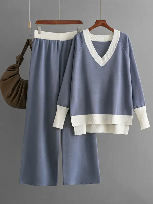 High Low Side Split V Neck Sweater And Pants Set