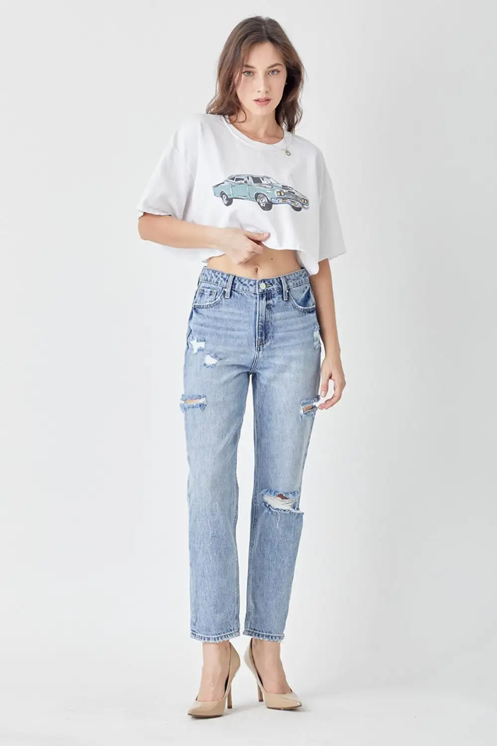 Contoured Distressed Denim Jeans