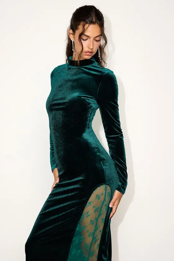 Eloquent Drama Red Velvet Mock Neck Midi Dress