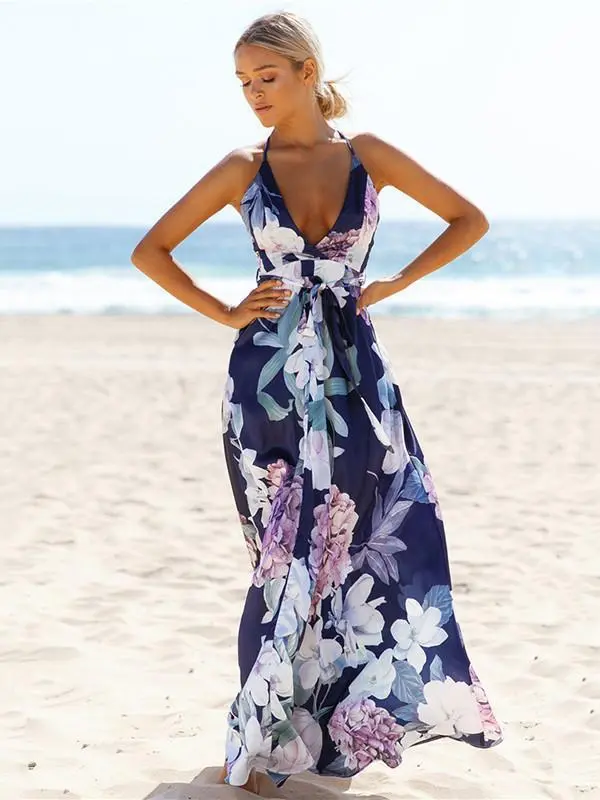 Popular Cotton Floral Printed Off Back Deep V Neck Maxi Dress