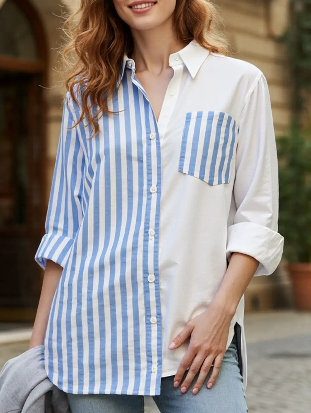Lapel Patchwork Top Shirt