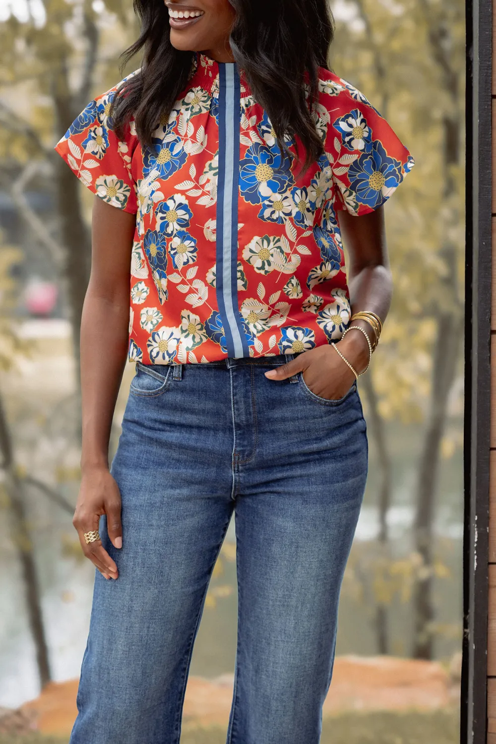 Red Floral Print Stand Collar Short Sleeve Top