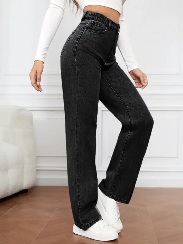 High Waist Straight Leg Washed Denim Jeans