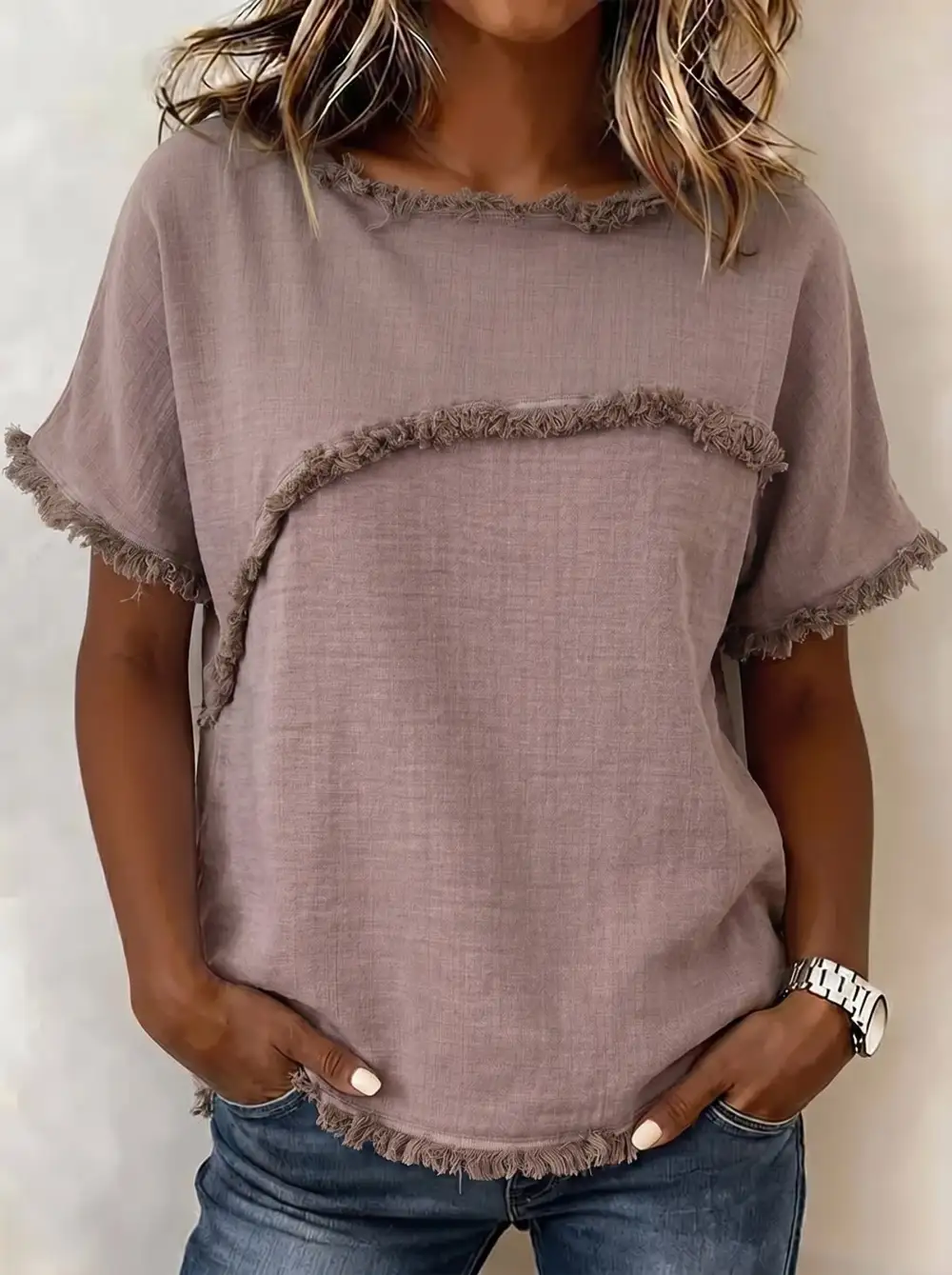 Relaxed Short Sleeve Fringed Panel Detail Round Neck T-Shirt