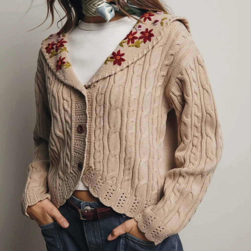 Floral Detail Cable Knit Dropped Shoulder Cardigan