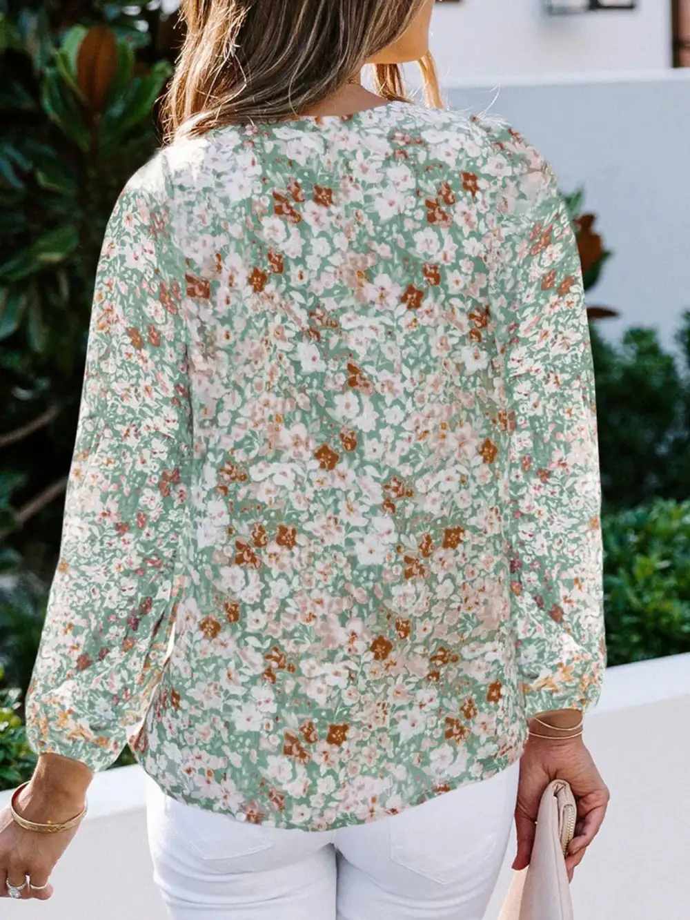 Floral Print V Neck Long Sleeve Blouse