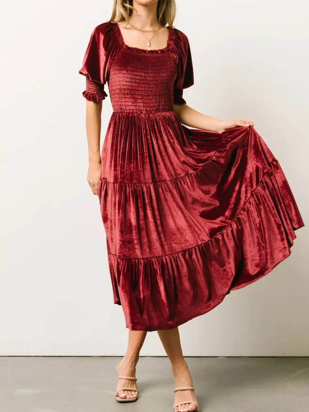 Velvet Tiered Smocked Midi Dress