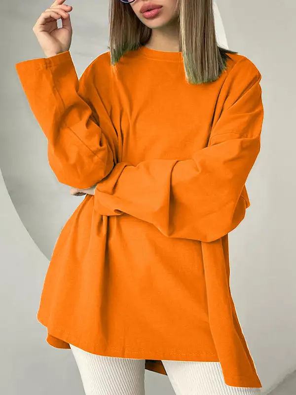 High Low Long Sleeve Panel Detail Side Slit Round Neck T-Shirt