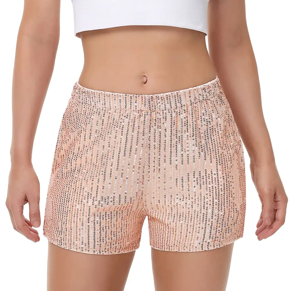 High-Waist Elastic-Waist Pocketed Straight Sequin Shorts