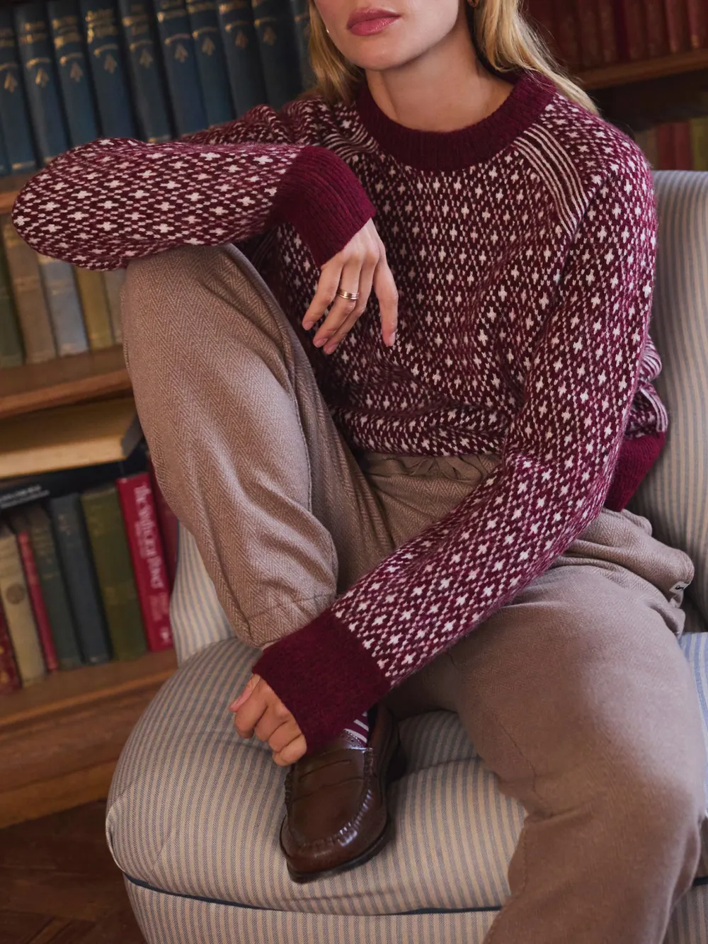 Cream/Red Patterned Jumper with Detachable Roll Neck