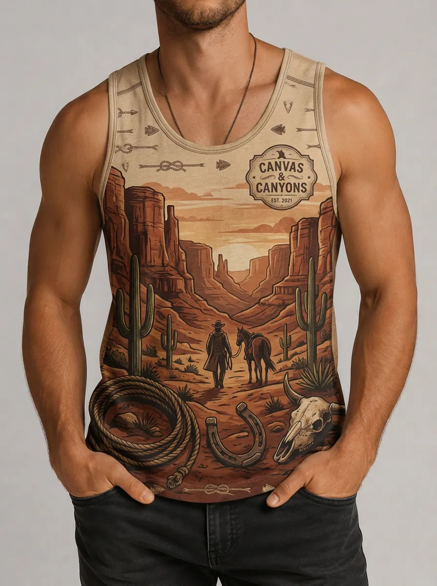 Men's Crew Neck Graphic Print Western Tank Top