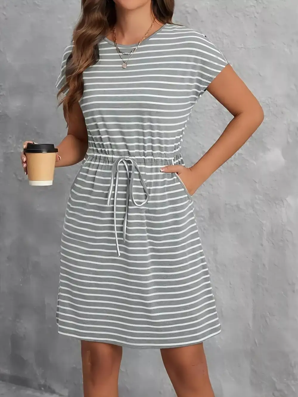 Striped Drawstring Dress Casual