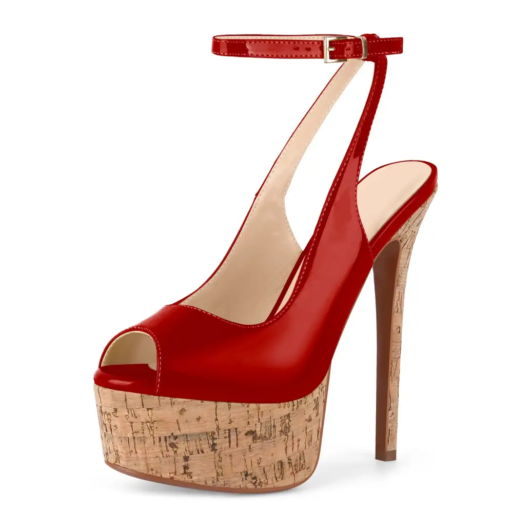 Patent Finish Peep Toe Platform Stiletto Ankle Strap Pumps