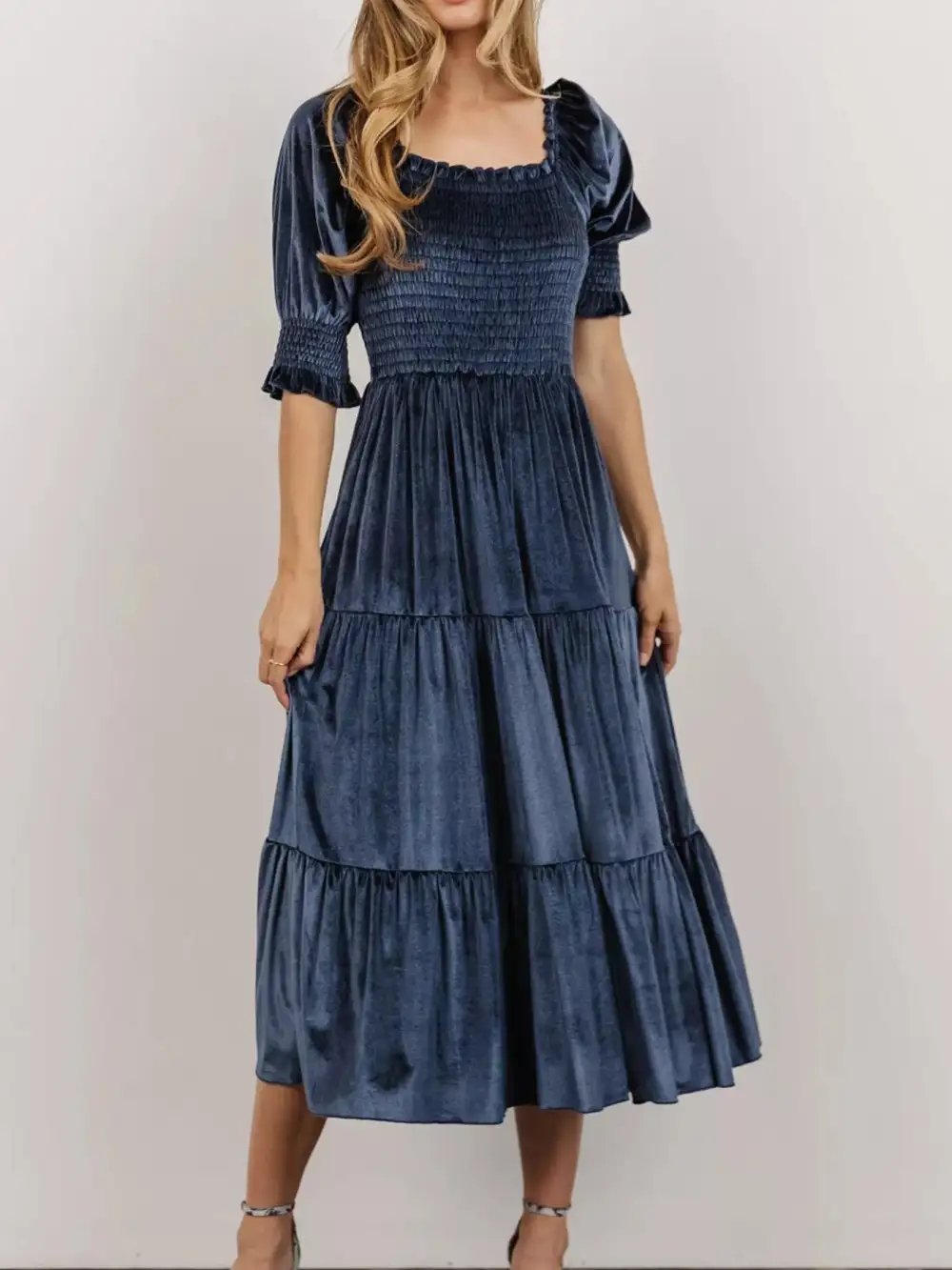 Velvet Tiered Smocked Midi Dress