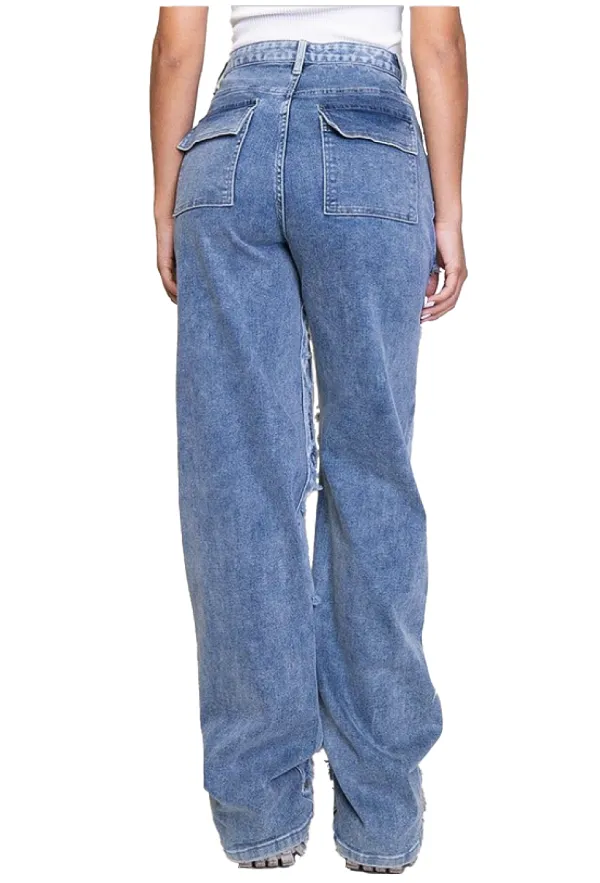 High-Rise Distressed Cargo Jeans