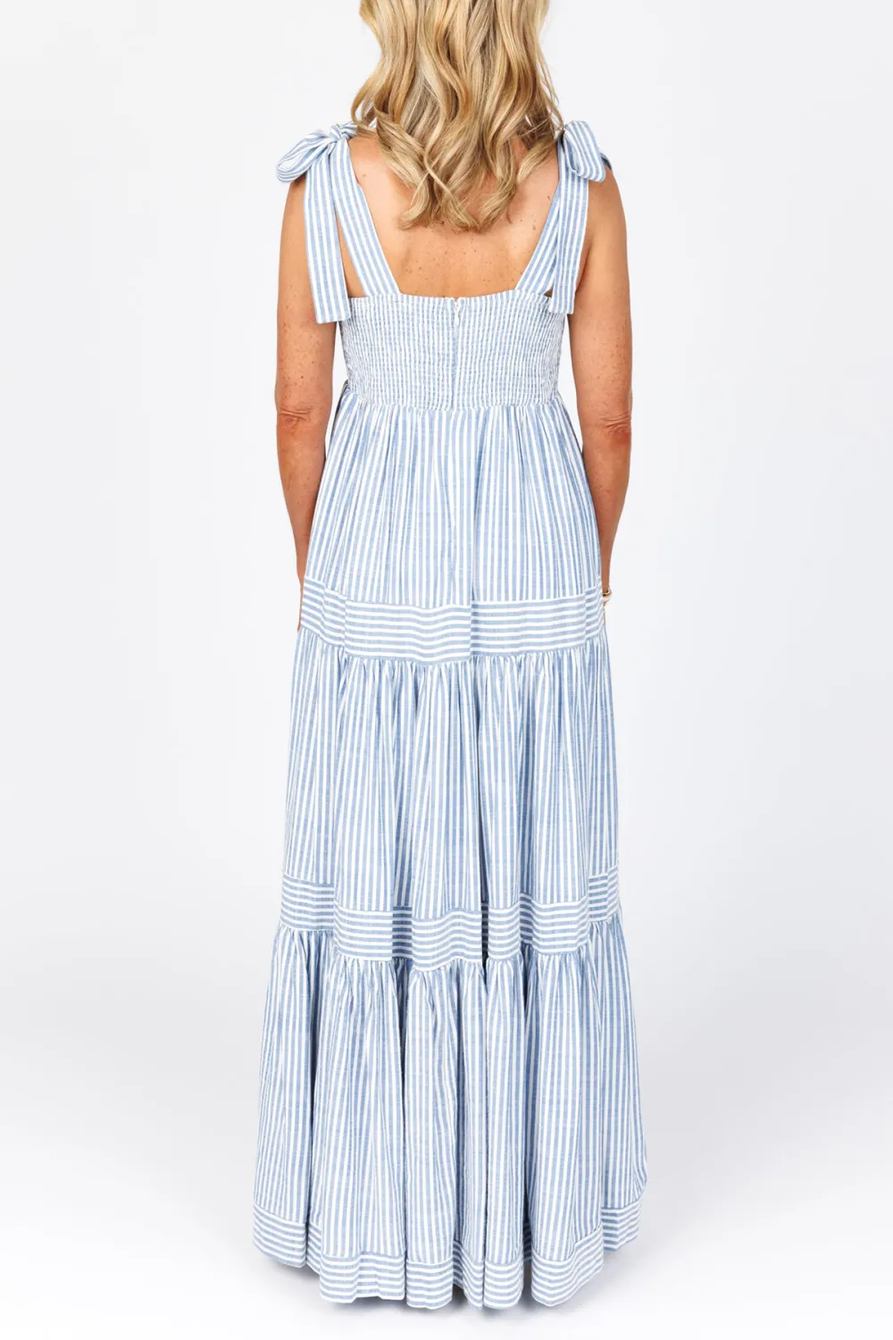 Blue Striped Sleeveless Tiered Maxi Dress