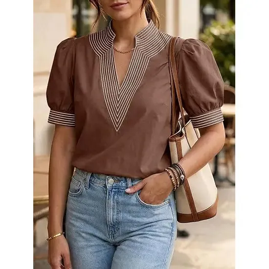 Womens Puff Short Sleeve Blouses Summer Casual Dressy Contrast Stitch