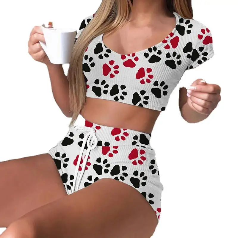 Paw Print Two Piece High Waist Pajama Set