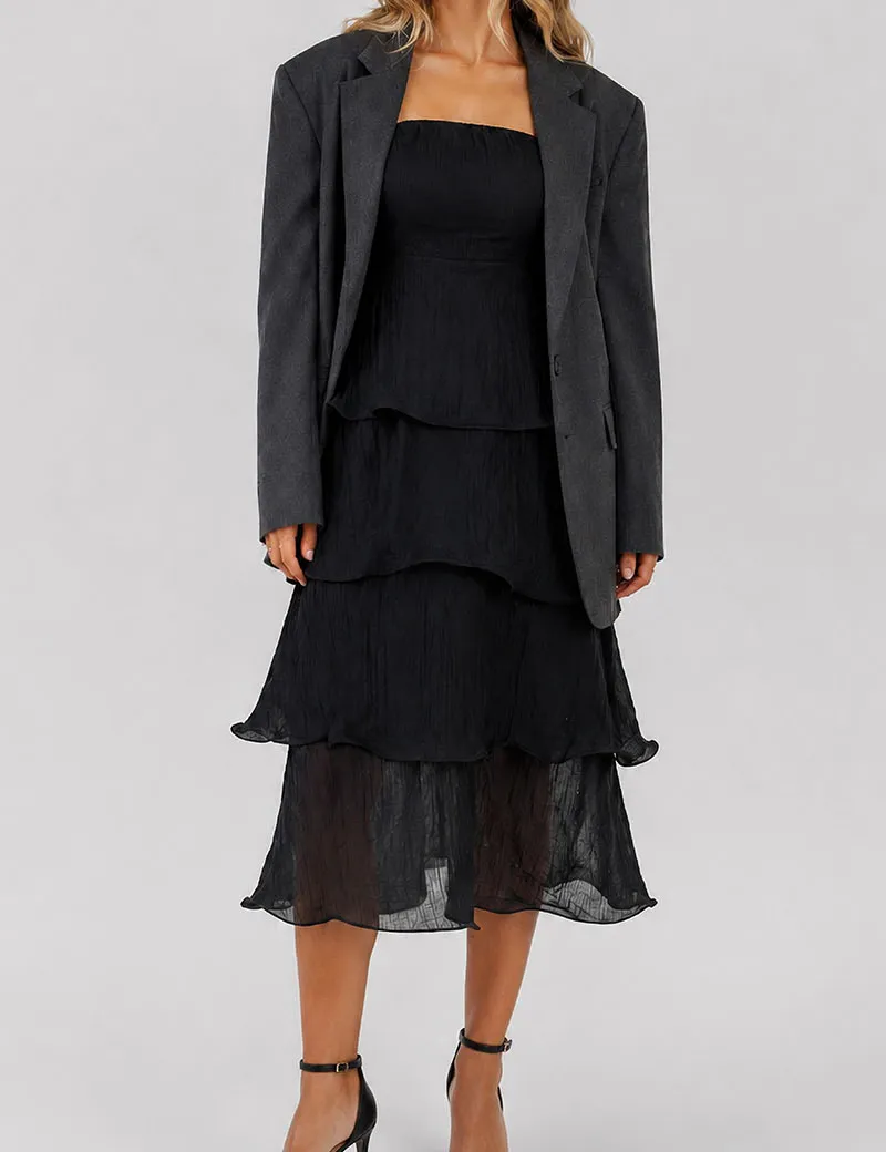 Chic Crinkle Strapless Tiered Ruffle Tube Midi Dress