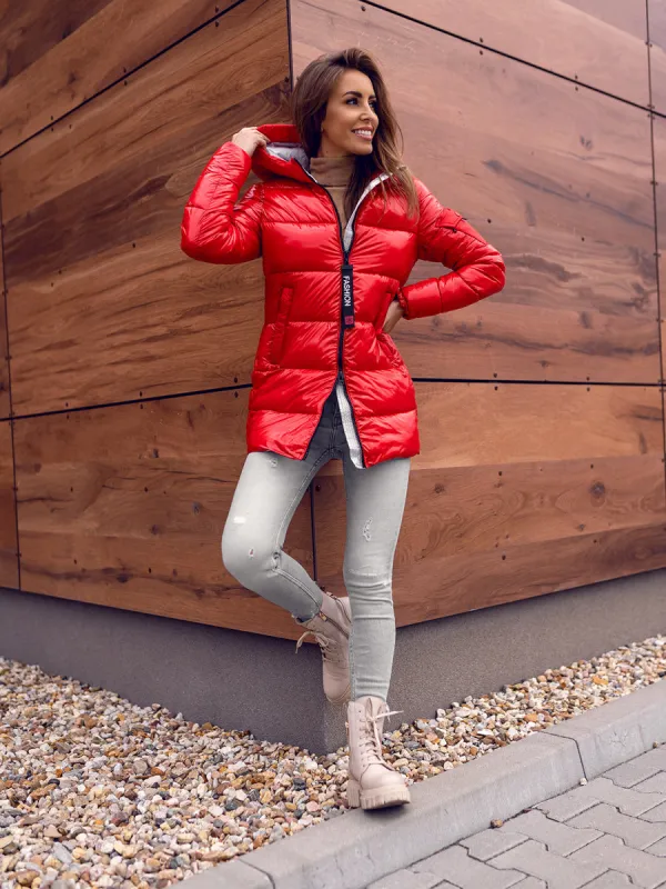women's red quilted winter jacket with hood