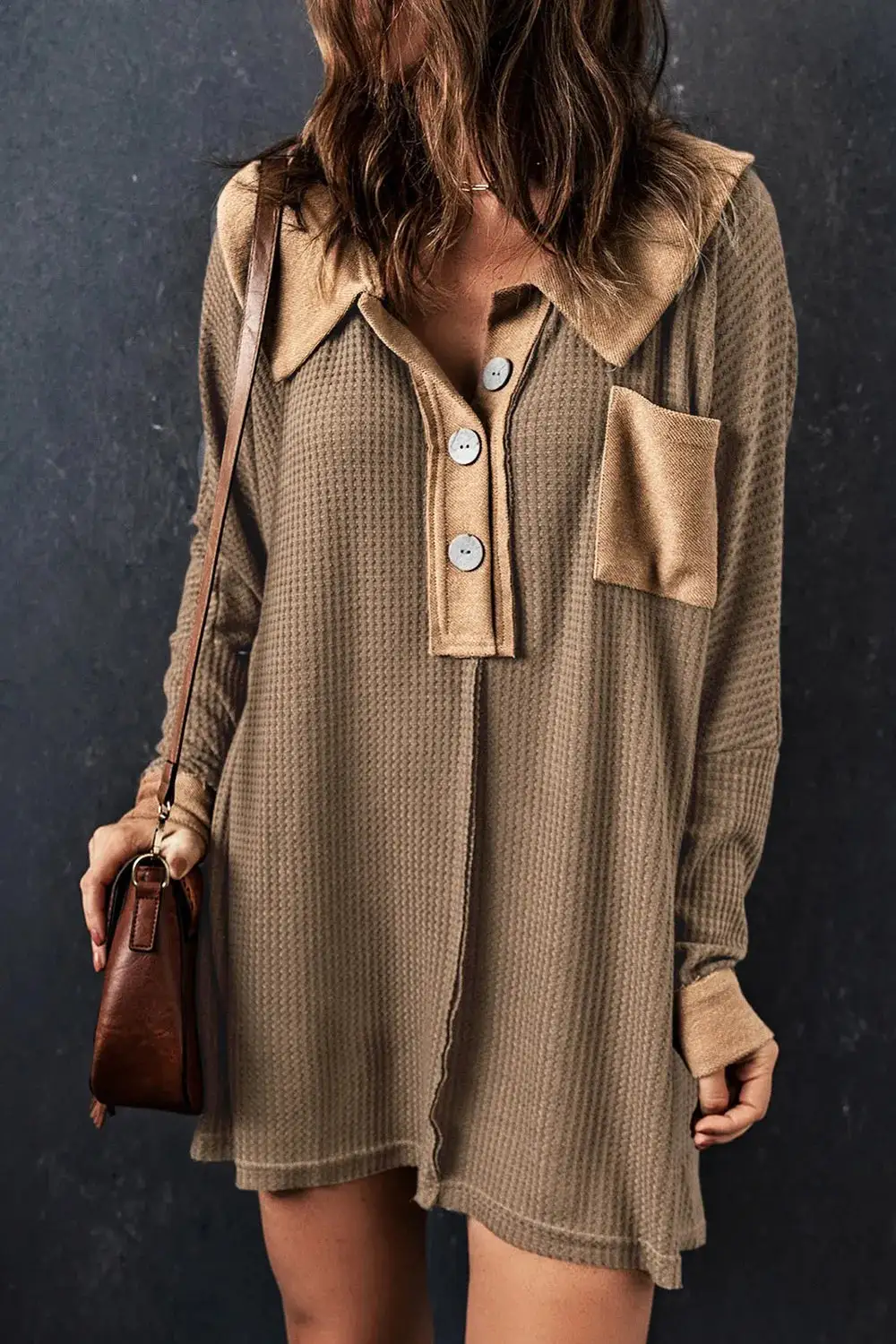 Knit Waffle Button Front Sweater Dress
